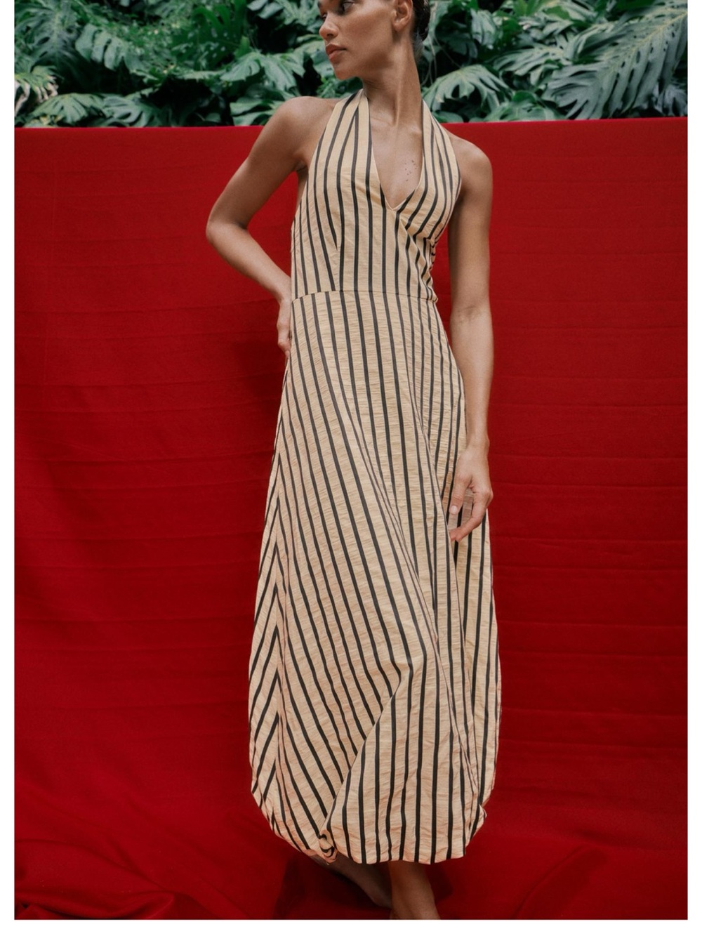 Zara Beige dress balloon skirt Halter
with Black Stripes